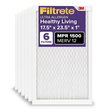 Filtrete 17.5x23.5x1 AC Furnace Air Filter, MERV 12, MPR 1500, CERTIFIED Asthma &amp; Allergy Friendly, 3-Month Pleated 1-Inch Electrostatic Air Cleaning Filter, 6-Pack (Actual Size 17.19x23.19x0.78 in)