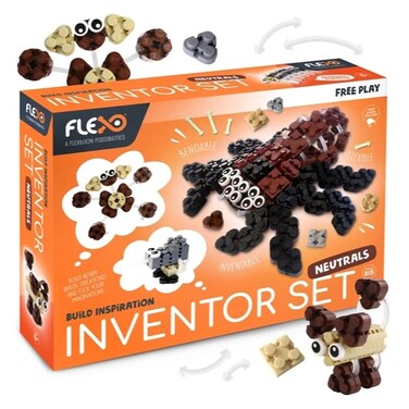 Flexo - Toy Building Brick Set with Flexible 3D Blocks - Free Play Educational Stem Learning for Girls &amp; Boys - Kids age 6+ - Award Winning Design - Inventor Set Neutral Colours - 815 Piece Build Kit