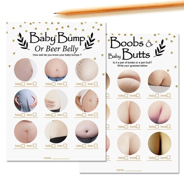 2 in 1 Beer Belly or Pregnant Bump Fun Baby Shower Game, 30 Cards for Each Game with Answer Keys, Gender Neutral Boy or Girl, Games Favors, Funny Activity Question at Reveal Bundle
