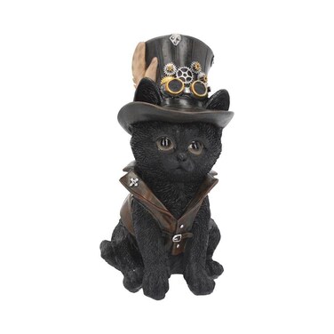 Nemesis Now Cogsmith's Steampunk Cat Adorable Black Cat with Leather Top Hat and Waistcoat, Hand-Painted Resin Figurine, Perfect for Steampunk Collectors, 18.5cm