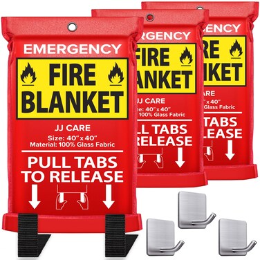 JJ CARE Fire Blanket &ndash; 3 Packs with Hooks &ndash; Emergency Fire Blanket for Home &amp; Kitchen, High Heat Resistant Fire Suppression Blankets for Home Safety, Kitchen, and Camping