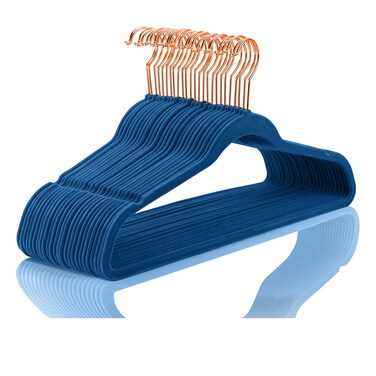 MIZGI Premium Velvet Hangers (50 Pack) Heavy Duty - Non Slip Felt Hangers - Velvet Suit Hangers Mediterranean Blue - Rose Gold Hooks,Space Saving Clothes Hangers