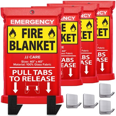 JJ CARE Fire Blanket &ndash; 4 Packs with Hooks &ndash; Emergency Fire Blanket for Home &amp; Kitchen, High Heat Resistant Fire Suppression Blankets for Home Safety, Kitchen, and Camping