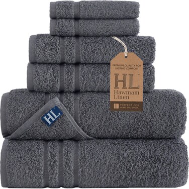 Hawmam Linen Grey 6 Piece Bath Towels Set for Bathroom Original Turkish Cotton Soft, Absorbent and Premium 2 Bath Towels, 2 Hand Towels, 2 Washcloths (Cool Grey)