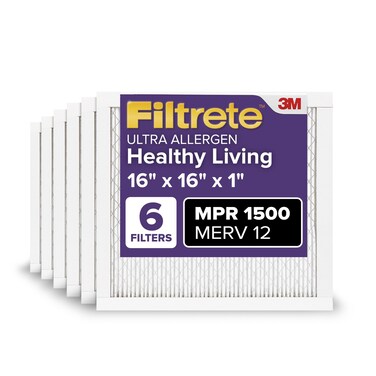 Filtrete 16x16x1 AC Furnace Air Filter, MERV 12, MPR 1500, CERTIFIED asthma &amp; allergy friendly, 3 Month Pleated 1-Inch Electrostatic Air Cleaning Filter, 6-Pack (Actual Size 15.81x15.81x0.78 in)