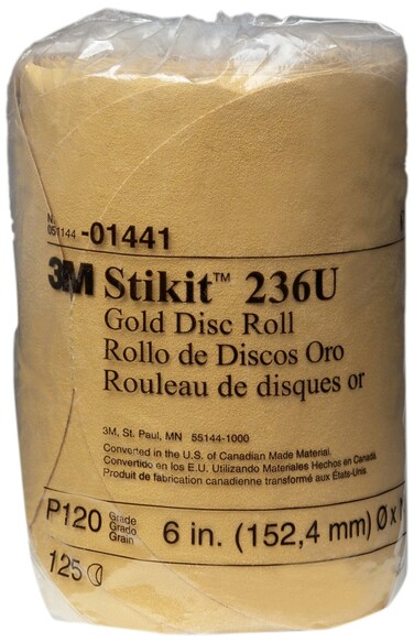 3M Stikit Gold Disc Roll 236U, 01441, 6 in, P120 Grade, 125 Discs Per Roll, Automoitve Abrasives