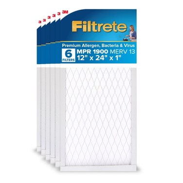 Filtrete 12x24x1 AC Furnace Air Filter, MERV 13, MPR 1900, Premium Allergen, Bacteria &amp; Virus Filter, 3-Month Pleated 1-Inch Electrostatic Air Cleaning Filter, 6-Pack (Actual Size 11.69x23.69x0.78 in)