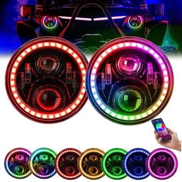 7 Inch Round LED Headlight RGB Halo Angel Eyes DOT Approved Halo Headlights for Wrangler JK TJ LJ CJ Sahara Sport Rubicon Headlight 1997~2017, 2Pack RGB Headlights