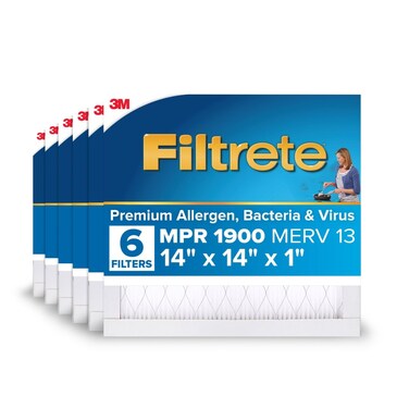 Filtrete 14x14x1 AC Furnace Air Filter, MERV 13, MPR 1900, Premium Allergen, Bacteria &amp; Virus Filter, 3-Month Pleated 1-Inch Electrostatic Air Cleaning Filter, 6-Pack (Actual Size 13.81x13.81x0.78 in)