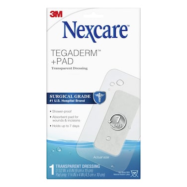 Nexcare Tegaderm Transparent Dressing w/ Pad, Film w/ Pad, Absorbent pad wicks fluid and doesn't stick to your wound, 3.5 In X 6 In