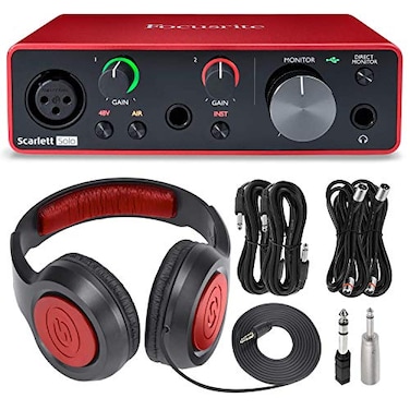 Focusrite Scarlett Solo USB Audio Interface (3nd Generation) + Samson SR360 Over-Ear Dynamic Stereo Headphones, Cables and Accessories