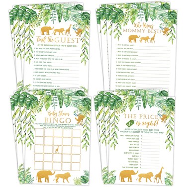 Your Main Event Prints Jungle Baby Shower Games - 25 Each - Bingo, Find The Guest, The Price is Right, Who Knows Mommy Best - Jungle Animals Theme - Printed Front and Back, 1 Game Per Side