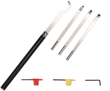 Carbide Tipped Wood Turning tools set Lathe Rougher Finisher Detailer Swan Neck Hollower Tools and Interchangeable Aluminum Alloy Grip Handle with Diamond Round Square Carbide Inserts AT04