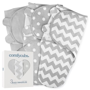 Comfy Cubs Easy Swaddle Blanket, 3 Pack - 100% Cotton Newborn Wrap, Small for 0-3 Months Infants, with Adjustable Velcro, Breathable and Durable Sleep Sack for Babies - Grey