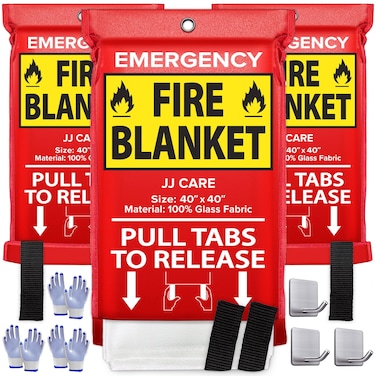 JJ CARE Fire Blanket &ndash; 3 Packs with Hooks and Gloves &ndash; Emergency Fire Blanket for Home &amp; Kitchen, High Heat Resistant Fire Suppression Blankets for Home Safety, Kitchen, and Camping