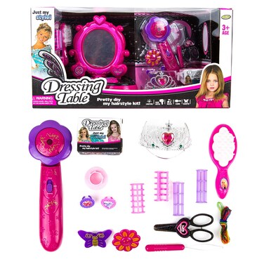 Toysery Pretend Play Kids Dressing Table, Princess Vanity Dresser Table Set, Little Girl Portable Makeup Table Toddler Toy with Lights, Sounds, Beauty Mirror, Fashion and Makeup Accessories Tool Kit