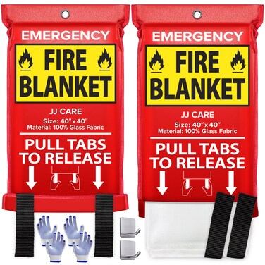 JJ CARE Fire Blanket &ndash; 2 Packs with Hooks and Gloves &ndash; Emergency Fire Blanket for Home &amp; Kitchen, High Heat Resistant Fire Suppression Blankets for Home Safety, Kitchen, and Camping