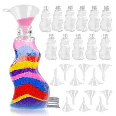 JJ CARE Sand Art Bottles [12 Wave-Shaped Sand Bottles + 6 Small &amp; 6 Large Funnels] Plastic Sand Art Containers for Kids, Sand Art Bottles Bulk for Arts &amp; Crafts, Sand Bottles for Sand Art Supplies
