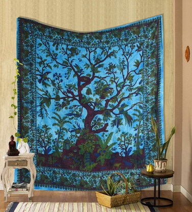 THE ART BOX Tapestry Turquoise Tree of Life Wall Hanging Psychedelic Tapestries Indian Cotton Twin Bedspread Picnic Sheet Wall Decor Blanket Wall Art Hippie Bedroom D&eacute;cor (Full, 85x90 Inch)