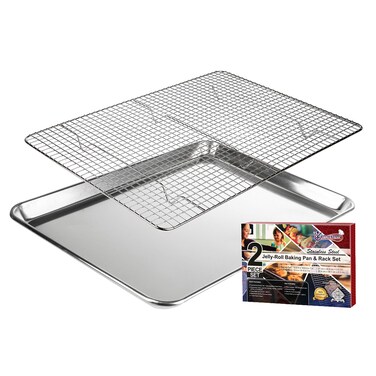 KITCHENATICS Aluminum Jelly Roll Pan 15x10 and Stainless Steel Rack Set, Baking Pan with Rack for Oven Cooking, Baking Sheet with Cooling Rack - Heavy Duty Sheet Pan and Bacon Rack