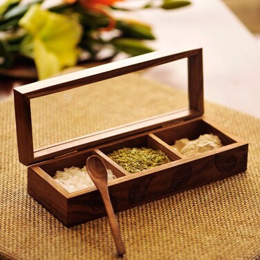 ExclusiveLane Wooden Spice Box   Hand Engraved Sheesham Wood Masala Dabba   Namak Daani with 3 Partitions &amp; Spoon   Size - 9x3x2 inches   Kitchen Spice Container &amp; Multipurpose Masala Dani