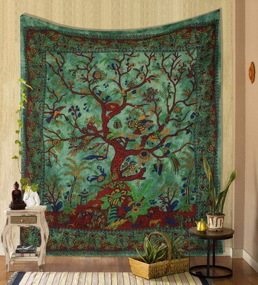 THE ART BOX Tapestry Green Tree of Life Hanging Psychedelic Tapestries Indian Cotton Twin Bedspread Picnic Sheet Blanket Wall Art Hippie Bedroom D&eacute;cor (82x54 Inch)