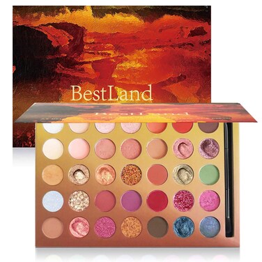 BestLand Pro 35 Colors Glitter Eyeshadow Palette with Eyeshadow Brush，Highly Pigmented Pressed Soft Creamy Metallic Matte Shimmer Naked Eye Shadow Powder Makeup Palette Set