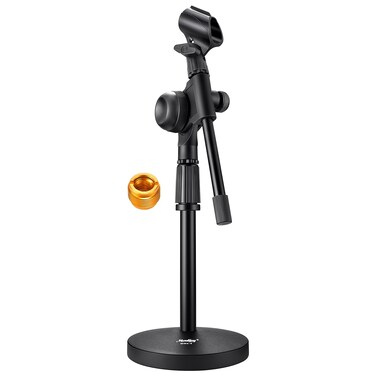 Moukey Mic Stand Desk Adjustable Tabletop Microphone Stand with Non-Slip Mic Clip, Short Table Mic Stand with Gear Fixing, Boom Arm, 3/8" and 5/8" Adapter, MMs-5