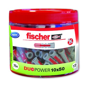 fischer Duopower Round Box-75 pcs, 553308 Nylon Dowel, Grey and Red, 10x50 (Bote 75 Tacos)