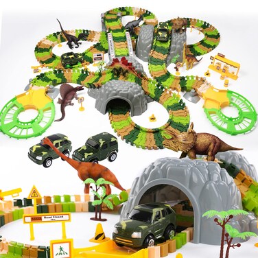 TEMI 348PCS Dinosaur Train Toys for Kids 3 4 5 6 7 Years, Longer Track, 6 Realistic Jurassic Dino Figures, 2 Electric Toy Cars, Twisted Flexible Train Track Set for Toddlers, Boys &amp; Girls