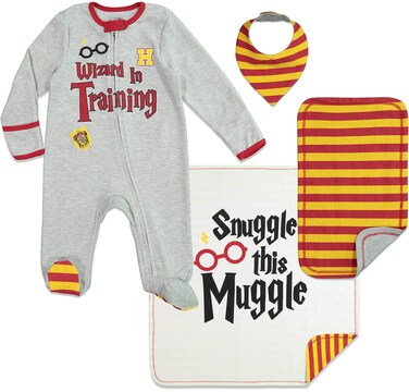 Harry Potter Baby Zip Up Sleep N' Play Coverall Bib Blanket and Burp Cloth 4 Piece Outfit Set Newborn