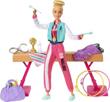 Barbie Careers Playset, Blonde Gymnast Doll with Balance Beam, Twirling Toy &amp; 15+ Accessories Including Clothes, Hoops, Trophy &amp; More