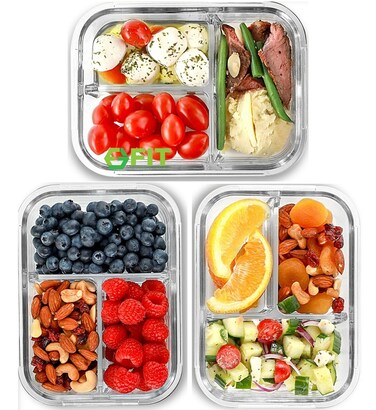FIT Strong &amp; Healthy Glass Meal Prep Containers 3 Compartments - Portion Control, Snack &amp; Lunch Container, Food Storage, Airtight Lids, Oven &amp; Freezer Safe, Leak-Proof Bento Box, 32oz, Blue, 3 Pack