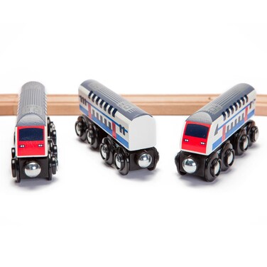 inc. Double Decker Wooden Train Set of 2 Engines &amp; 1 Passenger Car, Multi-Level Commuter Transit Toy, Compatible with Thomas &amp; Friends, BRIO, Other Major Brand Railways