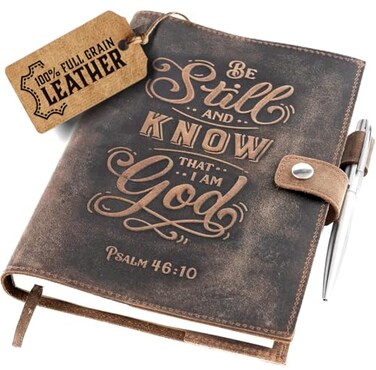 moonster Refillable Leather Journal Psalm 46:10 Bible Verse Embossed Journals with Pen &ndash; Milled A5 Leather Journal Lined Paper - Journals for Women &ndash; Leather Notebook with Pen Holder - 320 Pages