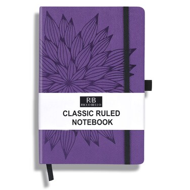 RICCO BELLO Lined Journal Notebook with Pen Holder, Faux Leather Hardcover, College Ruled, for Work, Notes   96 Sheets /192 Lined Pages, 5.7 x 8.4-Inches (Purple Bloom)