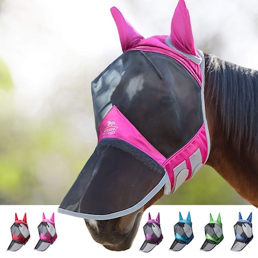 Harrison Howard CareMaster Pro Luminous Horse Fly Mask Large Eye Space Long Nose with Ears UV Protection for Horse Flamingo (M; Cob)