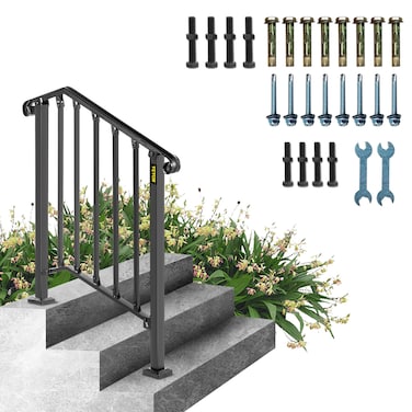 VEVOR Handrail for Outdoor Steps, 2-3 Steps Black Fence Outdoor Handrail, Adjustable Metal Staircase Handrail, Thickened Stair Railings for Porch Railing, Deck Handrail