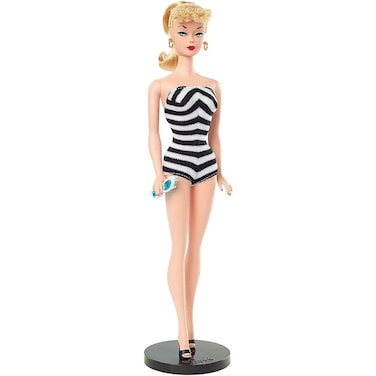 Barbie Signature Mattel 75th Anniversary Doll, Original 1959 Doll Reproduction in Black and White Swimsuit, with Wrist Tag, Gift for Collectors, Multi