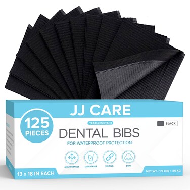 JJ CARE Dental Bibs [Pack of 125] - 13" x 18" Black Dental Bibs, 3 Ply Waterproof Dentist Bibs, Dental Bibs Disposable for Tattoo Bibs, Patient Bibs for Nail Art, Dental Napkins for Piercing