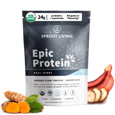 Sprout Living, Epic Protein, Plant Based Protein &amp; Superfoods Powder, Real Sport   24 Grams Organic Protein Powder, Recovery, Vegan, Non Dairy, Non-GMO, Gluten Free, Low Sugar (1 Pound, 12 Servings)