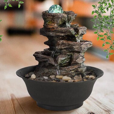 Ferrisland 4-Tier Tabletop Water Fountain with Cascading Rock Waterfall and LED Lights for Office Home D&eacute;cor Brown Stone