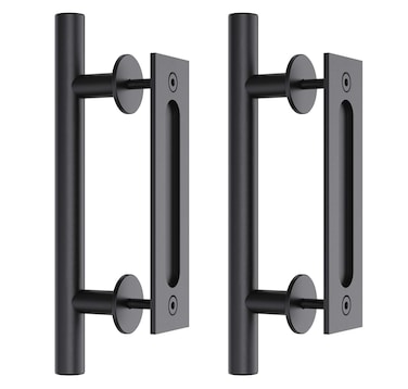 Heavy Duty 12"Pull and Flush Sliding Barn Door Handle Sets, Large Pull and Flush Barn Door Handle Kit for Gate Garage Shed Furniture, Black Round Solid Steel Material Double-Side Design 2PCS