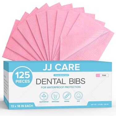 JJ CARE Dental Bibs [Pack of 125] - 13" x 18" Pink Dental Bibs, 3 Ply Waterproof Dentist Bibs, Dental Bibs Disposable for Eyelash Extension, Patient Bibs for Nail Art, Dental Napkins for Piercing