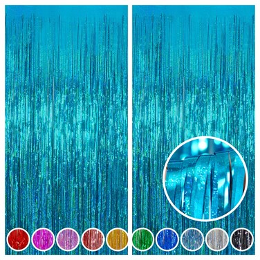 Melsan 2 Pack 3.2 ft x 8.2 ft Teal Tinsel Foil Fringe Curtains Backdrop, Sparkle Metallic Foil Curtains for Frozen/Mermaid/Under Sea Birthday Party Decoration