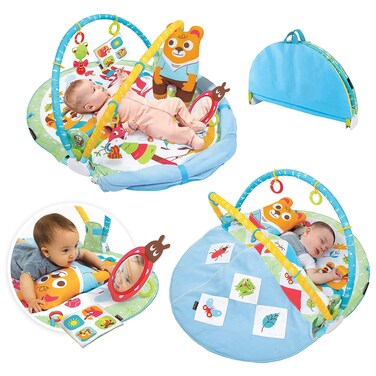 Yookidoo Baby Gym Play 'N&rsquo; Nap. 3-in-1 Activity Playmat with Foldable Infant Blanket. Tummy Time Pillow &amp; Mirror, Sensory Toys and Newborn Rattle for 0-12 Months.