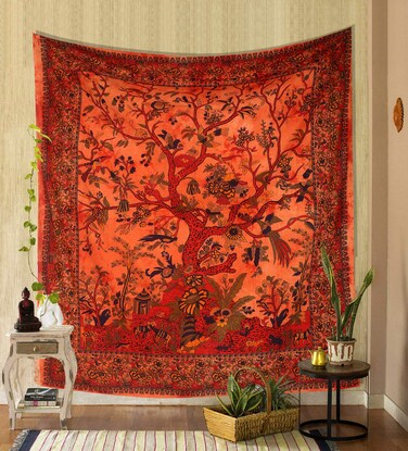 THE ART BOX Tapestry Orange Tree of Life Wall Hanging Psychedelic Tapestries Indian Cotton Twin Bedspread Picnic Sheet Wall Decor Blanket Wall Art Hippie Bedroom D&eacute;cor (Full, 85x90 Inch)