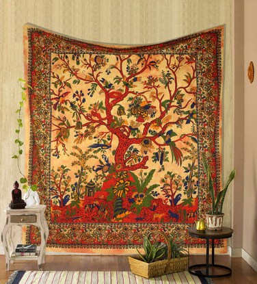 THE ART BOX Tapestry Yellow Orange Tree of Life Wall Hanging Psychedelic Tapestries Indian Cotton Twin Bedspread Picnic Sheet Wall Decor Blanket Wall Art Hippie Bedroom D&eacute;cor (Twin, 82x54 Inch)