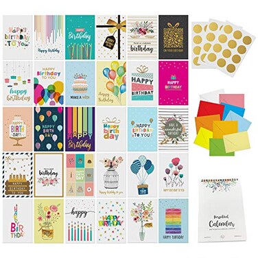 Dessie 30 Unique Happy Birthday Cards 5x7 - Gold Foil Birthday Cards Bulk With Message Inside. 32 White and Colored Envelopes, Perpetual Birthday Calendar and Gold Sealing Stickers Included In Box