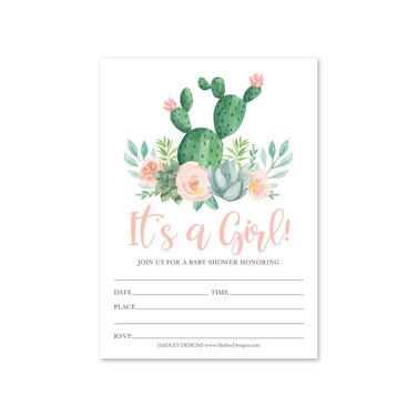 Hadley Designs 25 Pink Cactus Baby Shower Invitations, Sprinkle Invite for Girl, Coed Fiesta Gender Reveal Theme, Cute Desert Garden DIY Fill or Write In Blank Printable Cards